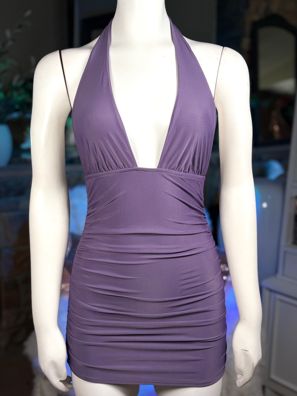 Lenny Purple Halter-style Deep V Open Back Ruched Tankini Top, Sz XS